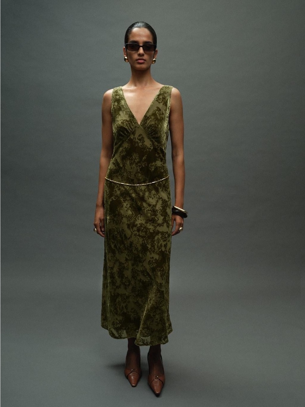 Elegant Mango Olive Green V-Neck Midi Slip Dress